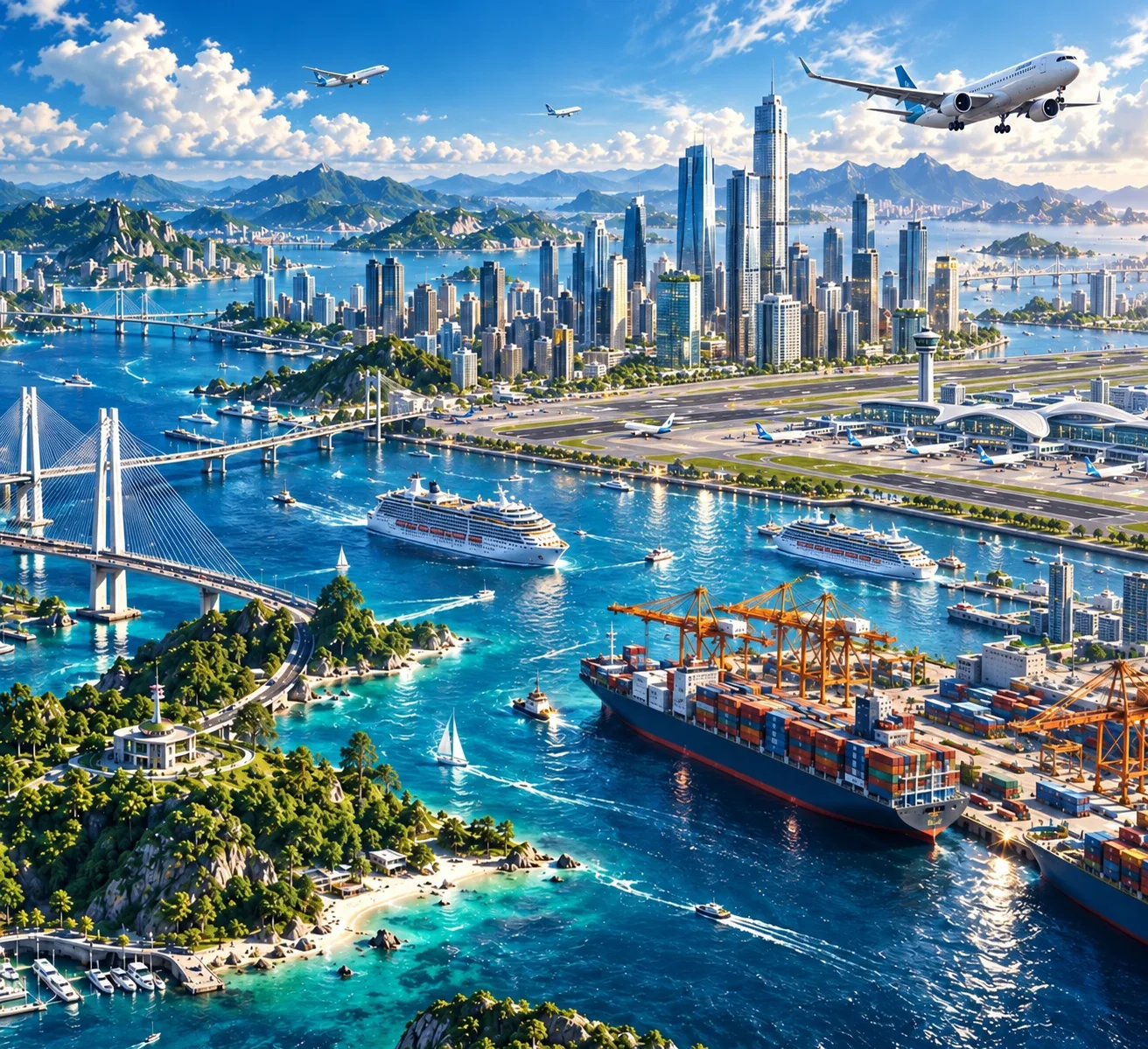 空港と港がある高層都市。上空を飛行機が飛び、コンテナ船や客船が世界へ向かう